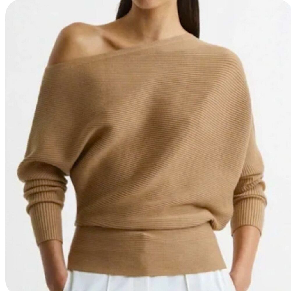 NWOT REISS "LORNA" ASYMMETRIC KNIT CAMEL L/S TOP,  SIZE S